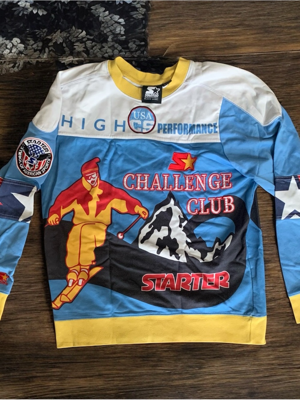 Vintage STARTER Blue Yellow Red Action Ski Pullover
